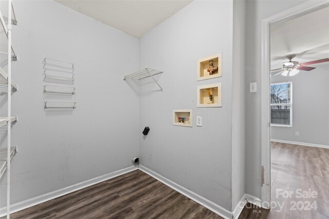 laundry room with ceiling fan, hookup for a washing machine, and dark hardwood / wood-style floors