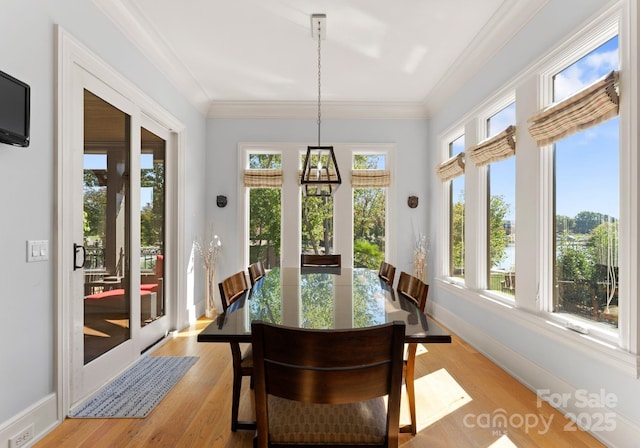 dining space with light hardwood / wood-style floors, ornamental molding, and a healthy amount of sunlight