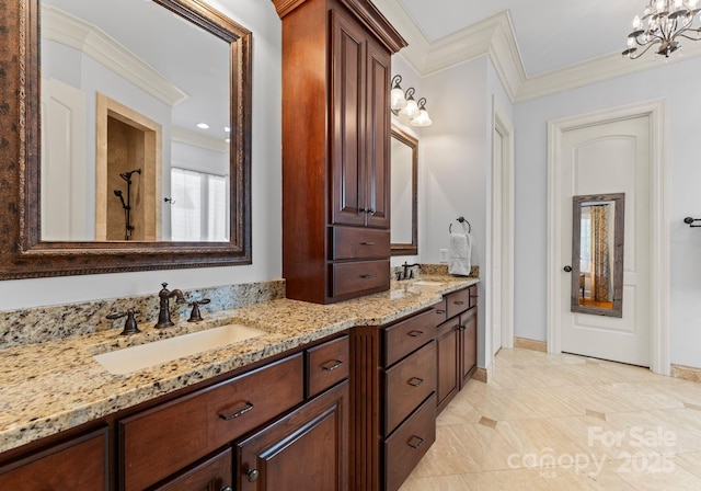 bathroom featuring walk in shower, vanity, a notable chandelier, and crown molding