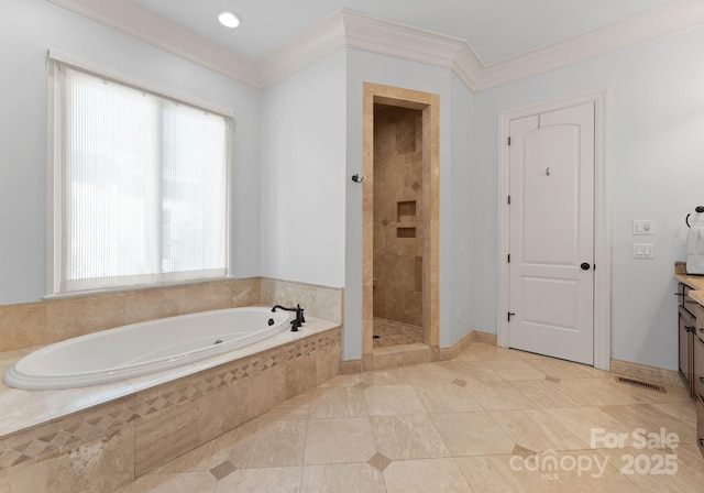 bathroom featuring plus walk in shower, crown molding, and vanity