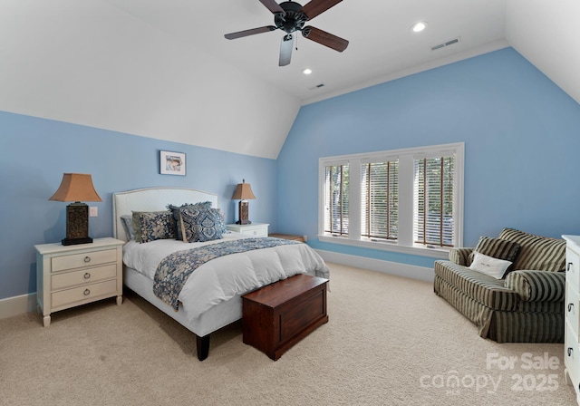 carpeted bedroom featuring vaulted ceiling and ceiling fan