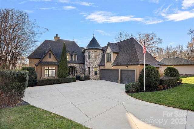 french country style house featuring a garage and a front lawn