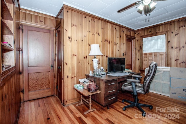 home office featuring wood walls and light hardwood / wood-style flooring