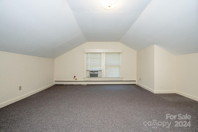 bonus room featuring lofted ceiling, carpet floors, baseboard heating, and cooling unit