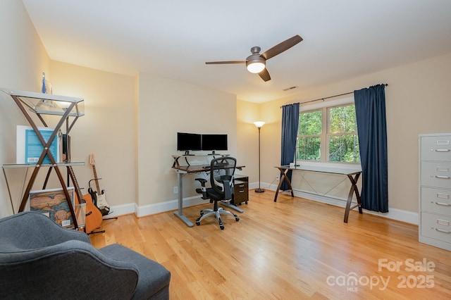 office with ceiling fan, wood finished floors, visible vents, and baseboards