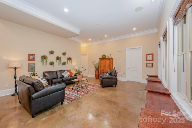 living room with baseboards, ornamental molding, concrete floors, and recessed lighting