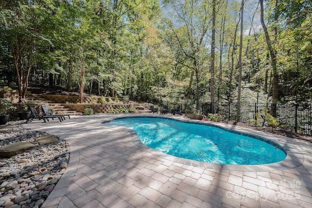 view of pool with a fenced in pool, fence, and a patio