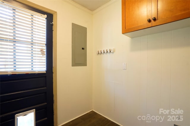 interior space with electric panel, dark hardwood / wood-style floors, and ornamental molding