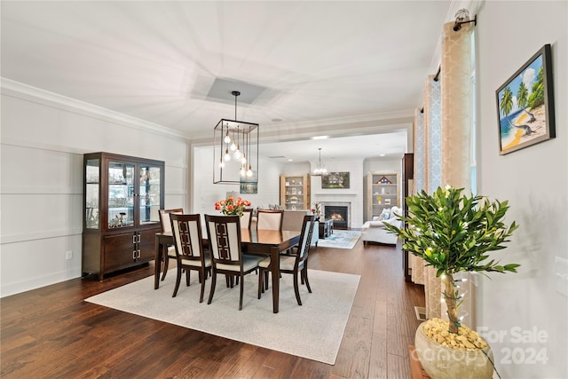 dining room featuring crown molding, dark wood-type flooring, and a raised ceiling