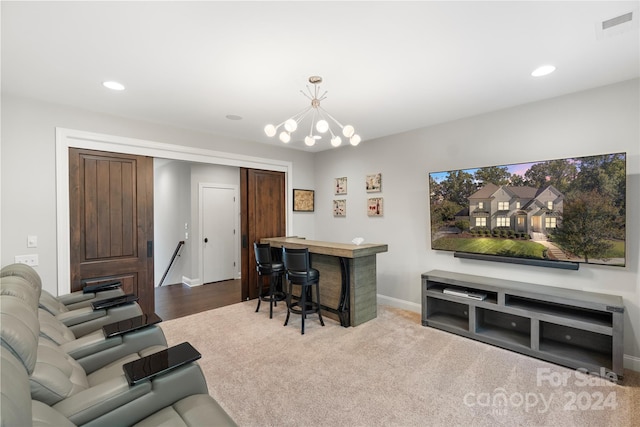 office featuring a chandelier and carpet flooring