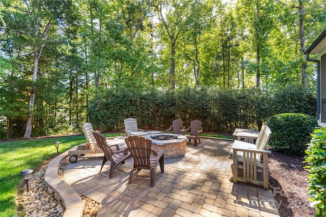 view of patio / terrace featuring an outdoor fire pit