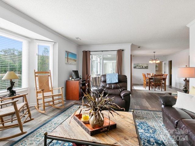 living room featuring a chandelier, hardwood / wood-style flooring, and a healthy amount of sunlight