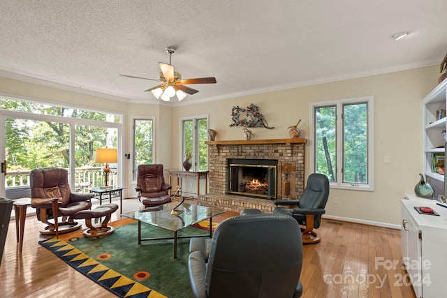 living room featuring light hardwood / wood-style floors, a healthy amount of sunlight, crown molding, and a fireplace