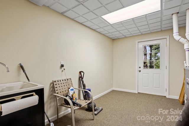 workout area with a drop ceiling and carpet floors