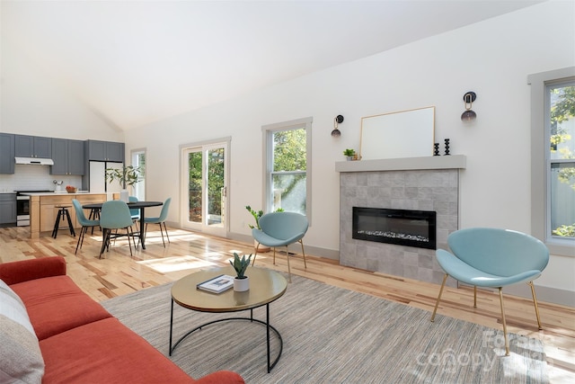 living room featuring a tile fireplace, plenty of natural light, light hardwood / wood-style floors, and vaulted ceiling