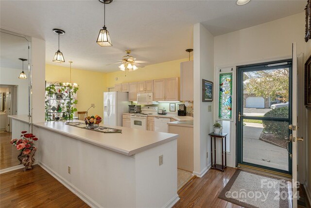 3 Country Meadows Ln, Hendersonville, NC 28792 - kitchen featuring light countertops, wood finished floors, white appliances, a peninsula, and ceiling fan