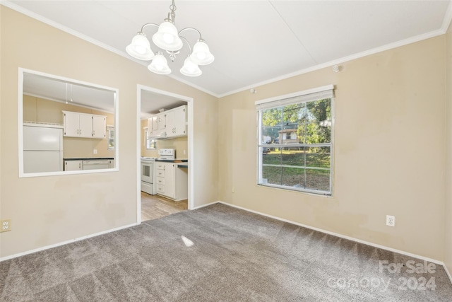 unfurnished dining area featuring crown molding, light colored carpet, lofted ceiling, and a notable chandelier