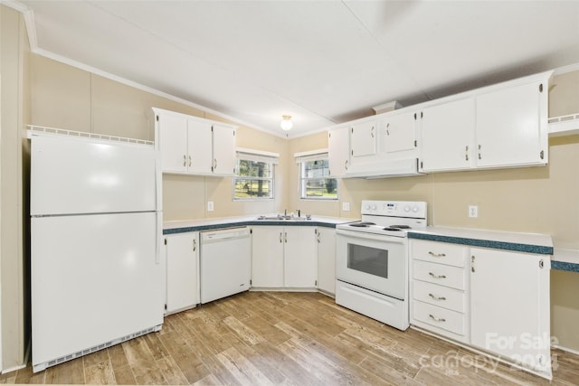 kitchen featuring white appliances, light wood-type flooring, white cabinetry, lofted ceiling, and crown molding