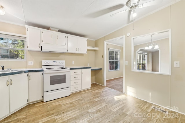 kitchen featuring lofted ceiling, white cabinetry, light wood-type flooring, ceiling fan with notable chandelier, and white range with electric stovetop