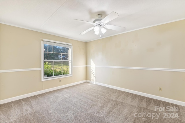 unfurnished room with ornamental molding, carpet, and ceiling fan