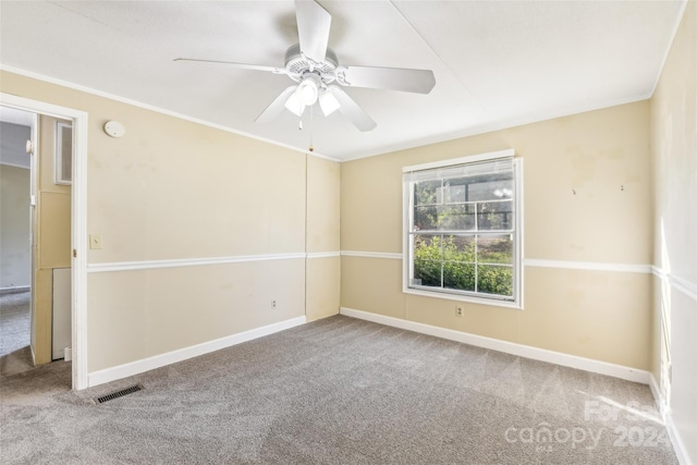 spare room featuring ceiling fan, crown molding, and carpet floors