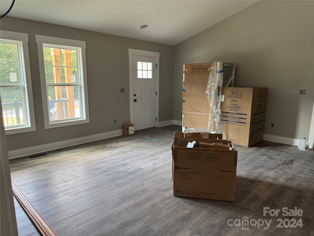 foyer with wood-type flooring and vaulted ceiling