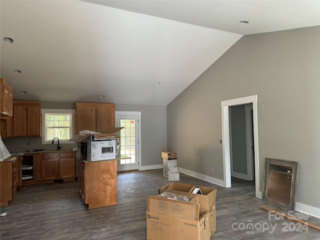 kitchen featuring a center island, vaulted ceiling, dark wood-type flooring, and sink