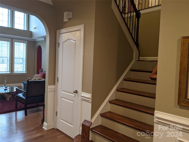 staircase with hardwood / wood-style flooring