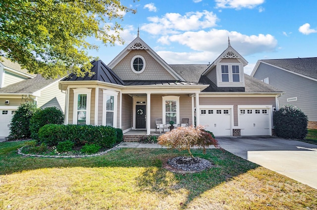 view of front facade featuring a front yard, a garage, and a porch