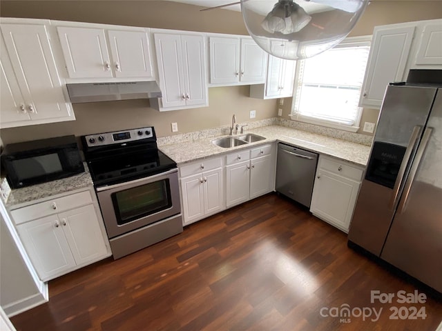 kitchen with white cabinets, appliances with stainless steel finishes, dark hardwood / wood-style floors, range hood, and sink