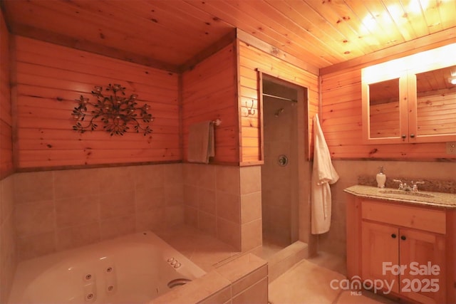 bathroom with wood ceiling, vanity, wooden walls, and independent shower and bath