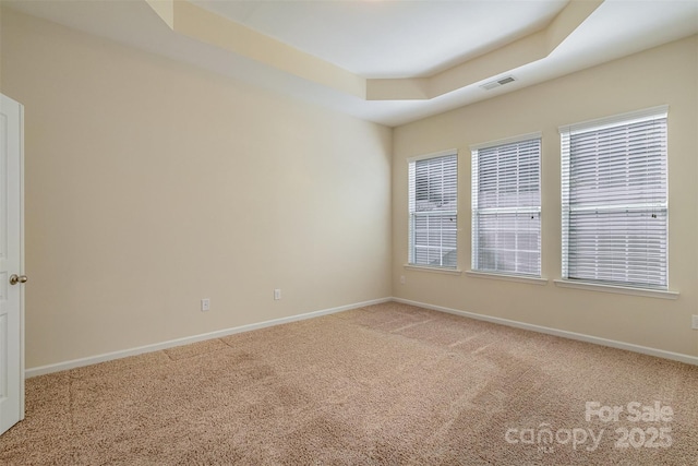 unfurnished room with carpet and a tray ceiling