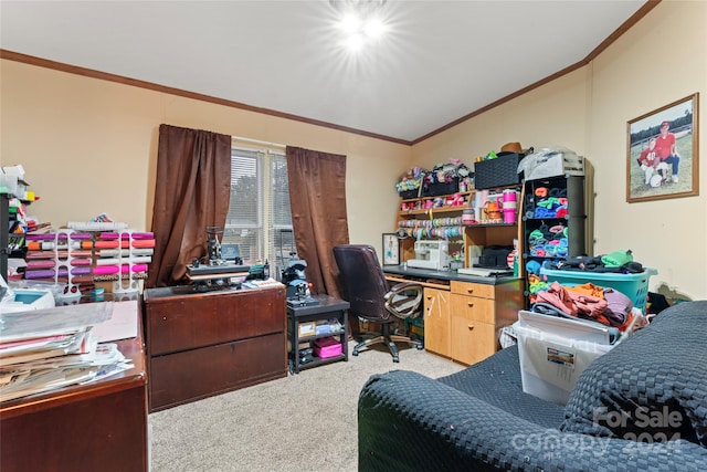 office featuring ornamental molding and light colored carpet