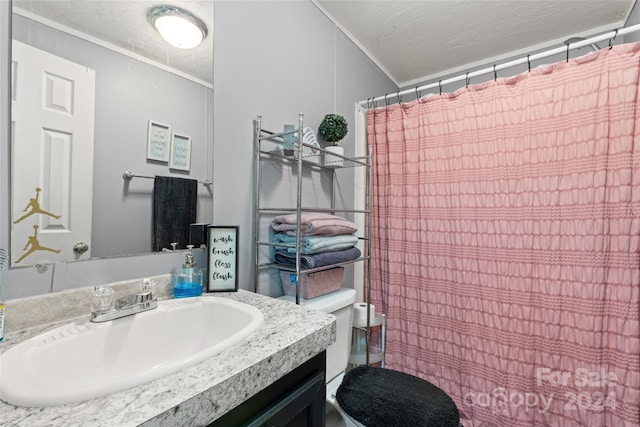 bathroom featuring vanity, crown molding, a textured ceiling, and toilet