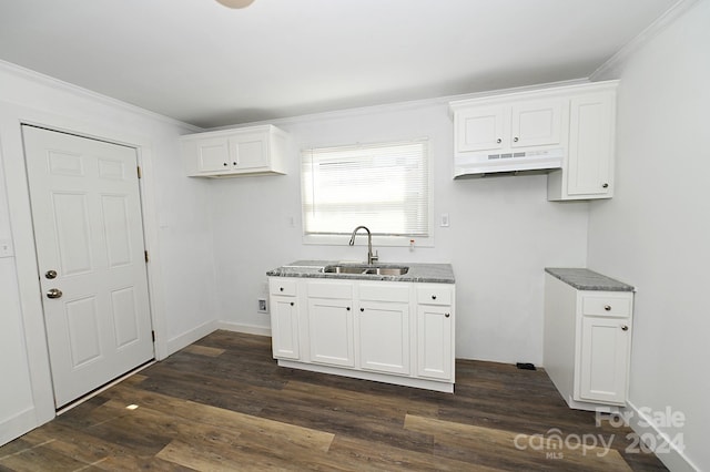 kitchen featuring white cabinets, dark stone counters, ornamental molding, dark hardwood / wood-style floors, and sink