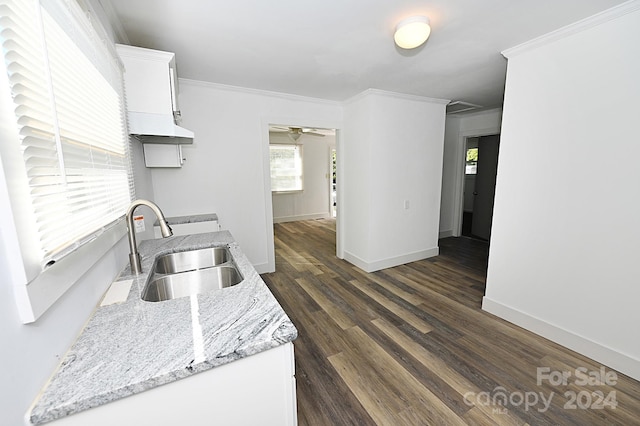 kitchen with dark wood-type flooring, sink, light stone countertops, crown molding, and white cabinets