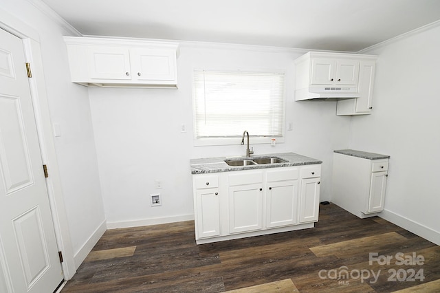 kitchen featuring ornamental molding, white cabinets, sink, and dark wood-type flooring