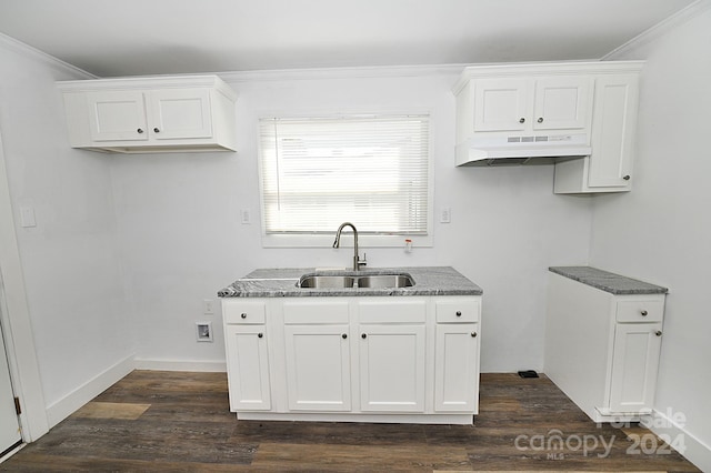 kitchen with white cabinetry, crown molding, sink, and dark hardwood / wood-style floors