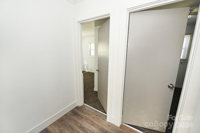 corridor with dark hardwood / wood-style flooring