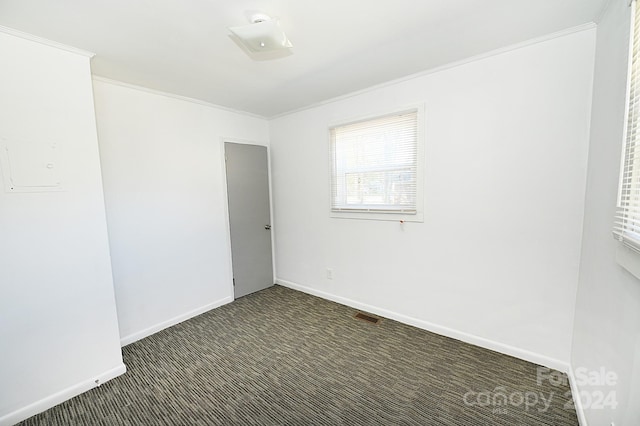 carpeted empty room featuring crown molding