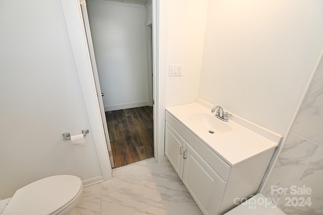 bathroom with vanity, wood-type flooring, and toilet