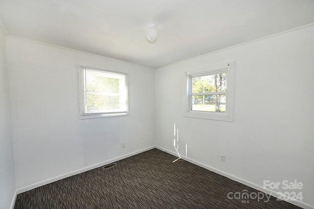 spare room with crown molding, dark carpet, and plenty of natural light