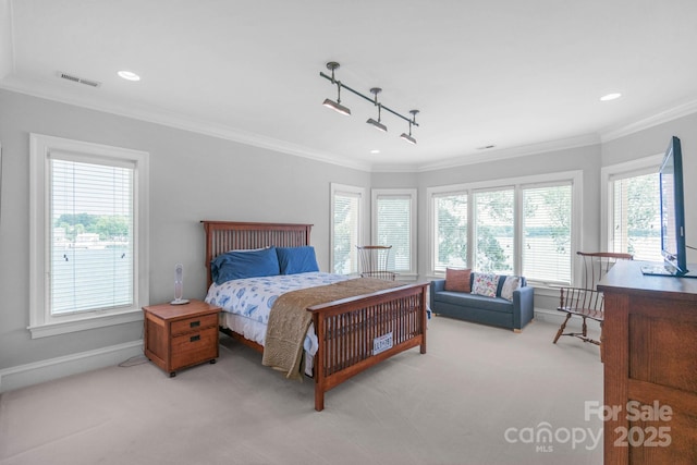 18212 Pompano Pl, Cornelius, NC 28031 - carpeted bedroom with ornamental molding, baseboards, and recessed lighting