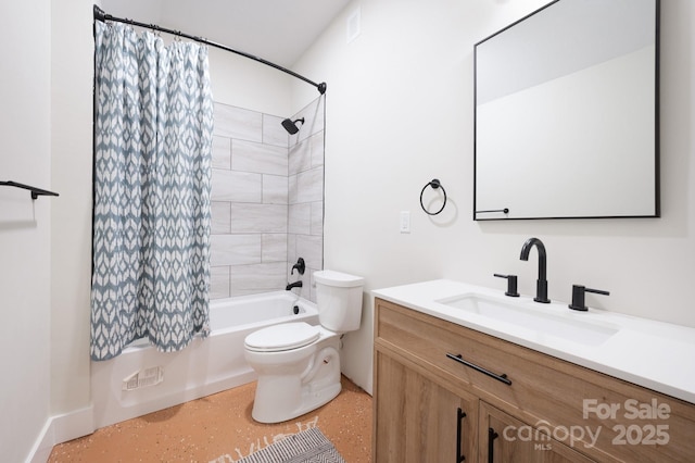 full bathroom with vanity, shower / bath combination with curtain, and toilet