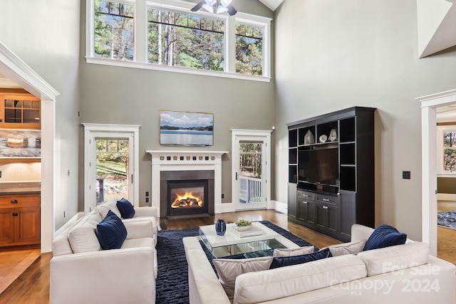 living room with a healthy amount of sunlight and a high ceiling