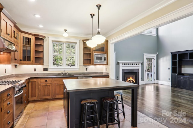 kitchen with a kitchen island, a kitchen breakfast bar, sink, light wood-type flooring, and appliances with stainless steel finishes