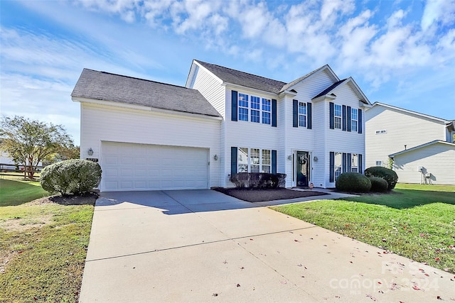 view of front facade with a front lawn and a garage