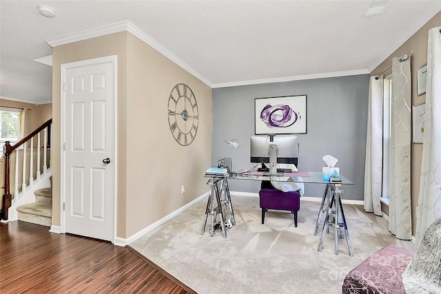 home office with crown molding, a textured ceiling, and hardwood / wood-style floors