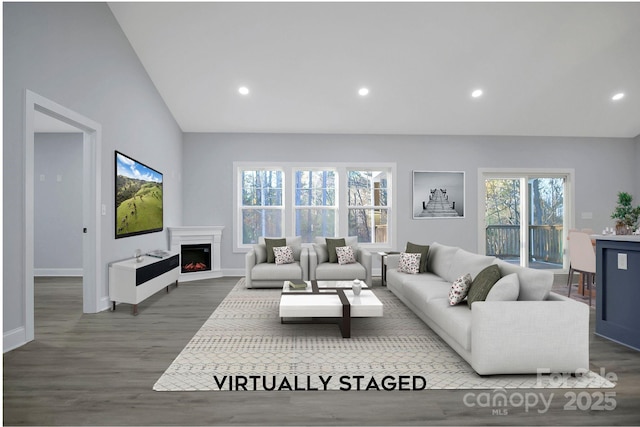 living room with lofted ceiling and dark hardwood / wood-style flooring