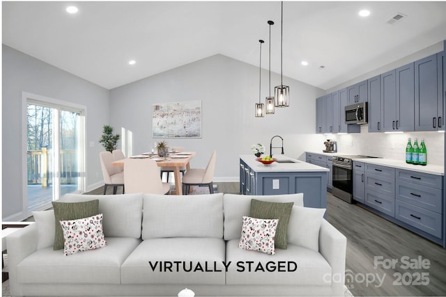 living room with vaulted ceiling, dark hardwood / wood-style floors, and sink